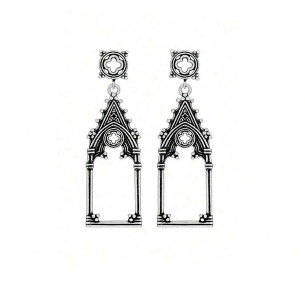 Gothic Church Steeple Earrings Antique Silver Tone, Engraved details, Elegant - Picture 2 of 5